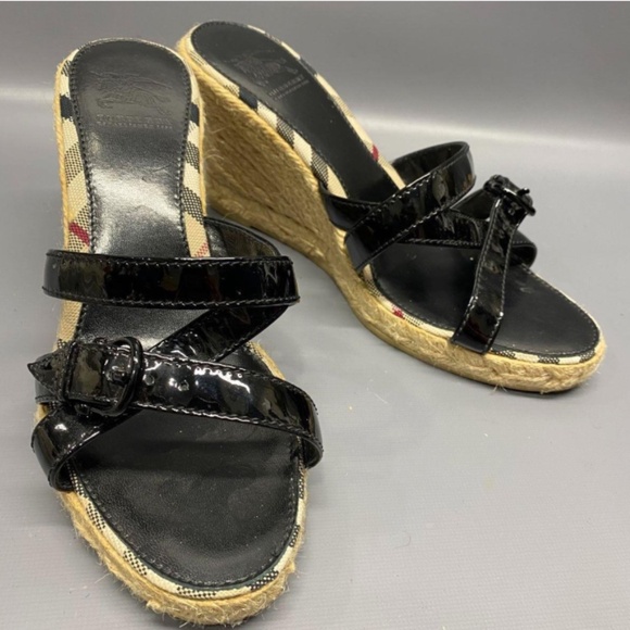 Authentic Burberry Black Patent Wedge Espadrilles Made in Italy Size 37 - Picture 1 of 4